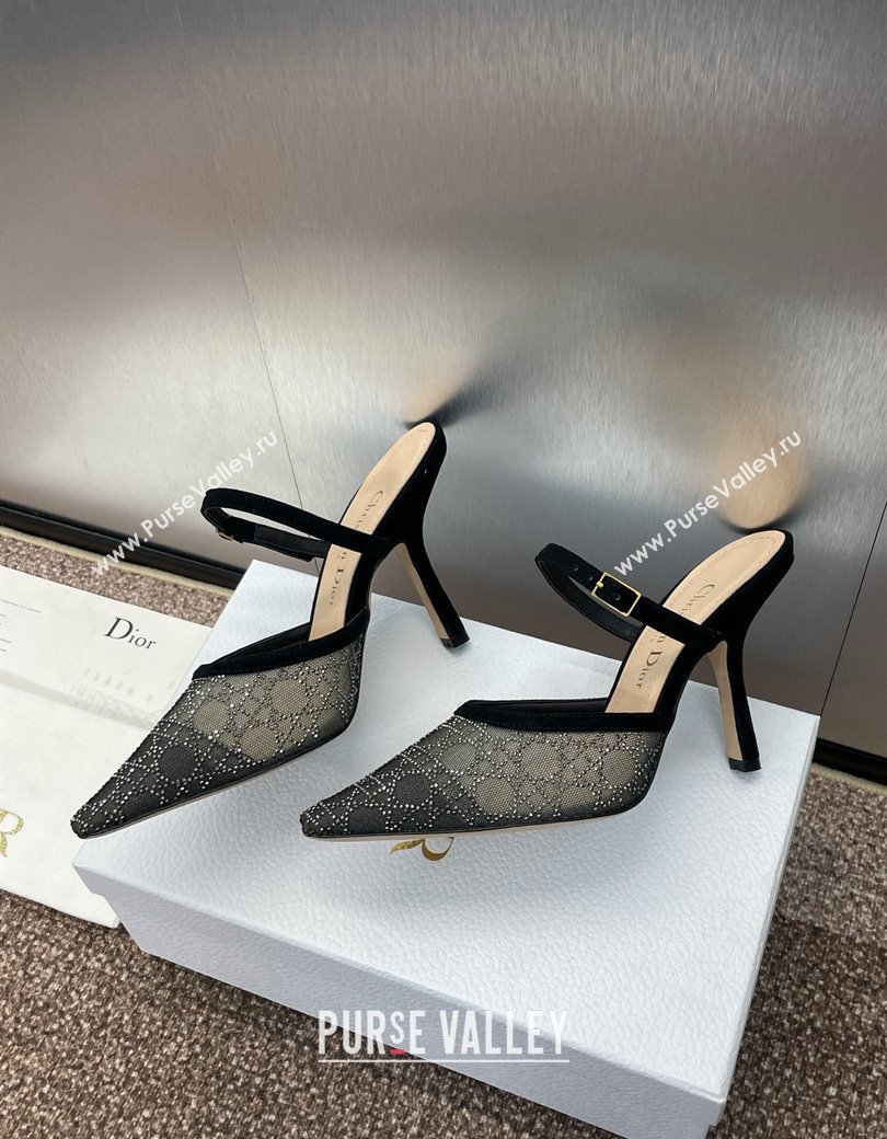 Dior Capture Heeled Mules 9.5cm in Transparent Mesh with Silver-Tone Strass Cannage Motif and Black Suede 2024 (JC-241231055)