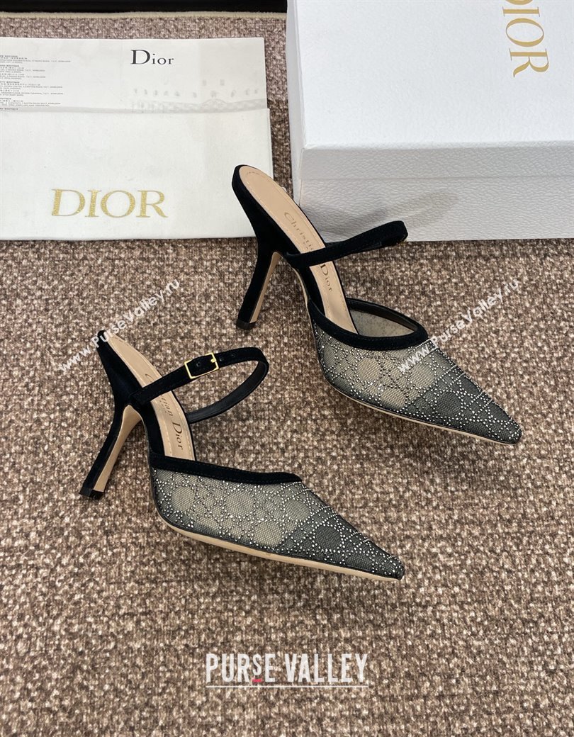 Dior Capture Heeled Mules 9.5cm in Transparent Mesh with Silver-Tone Strass Cannage Motif and Black Suede 2024 (JC-241231055)