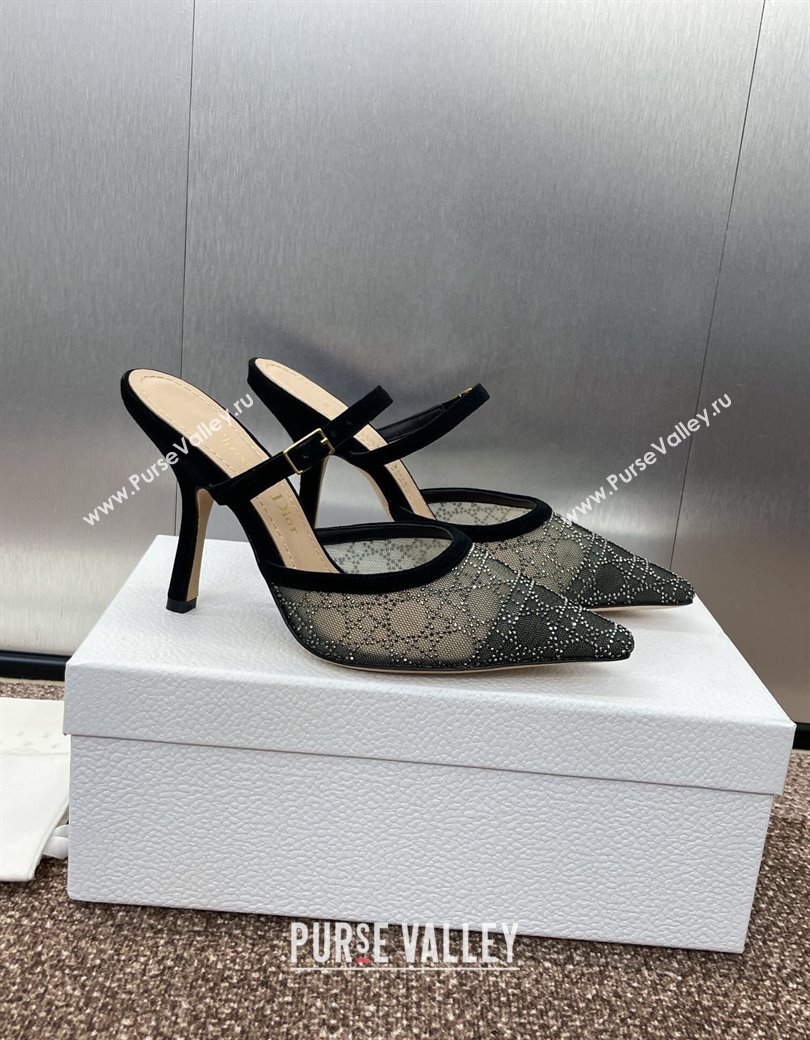 Dior Capture Heeled Mules 9.5cm in Transparent Mesh with Silver-Tone Strass Cannage Motif and Black Suede 2024 (JC-241231055)