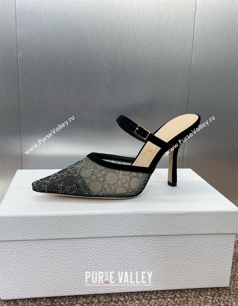 Dior Capture Heeled Mules 9.5cm in Transparent Mesh with Silver-Tone Strass Cannage Motif and Black Suede 2024 (JC-241231055)