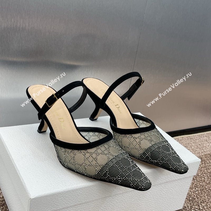 Dior Capture Heeled Mules 6.5cm in Transparent Mesh with Silver-Tone Strass Cannage Motif and Black Suede 2024 (JC-241231056)