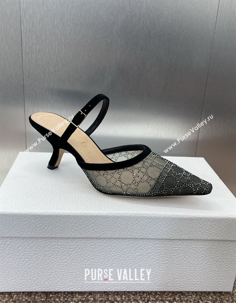 Dior Capture Heeled Mules 6.5cm in Transparent Mesh with Silver-Tone Strass Cannage Motif and Black Suede 2024 (JC-241231056)