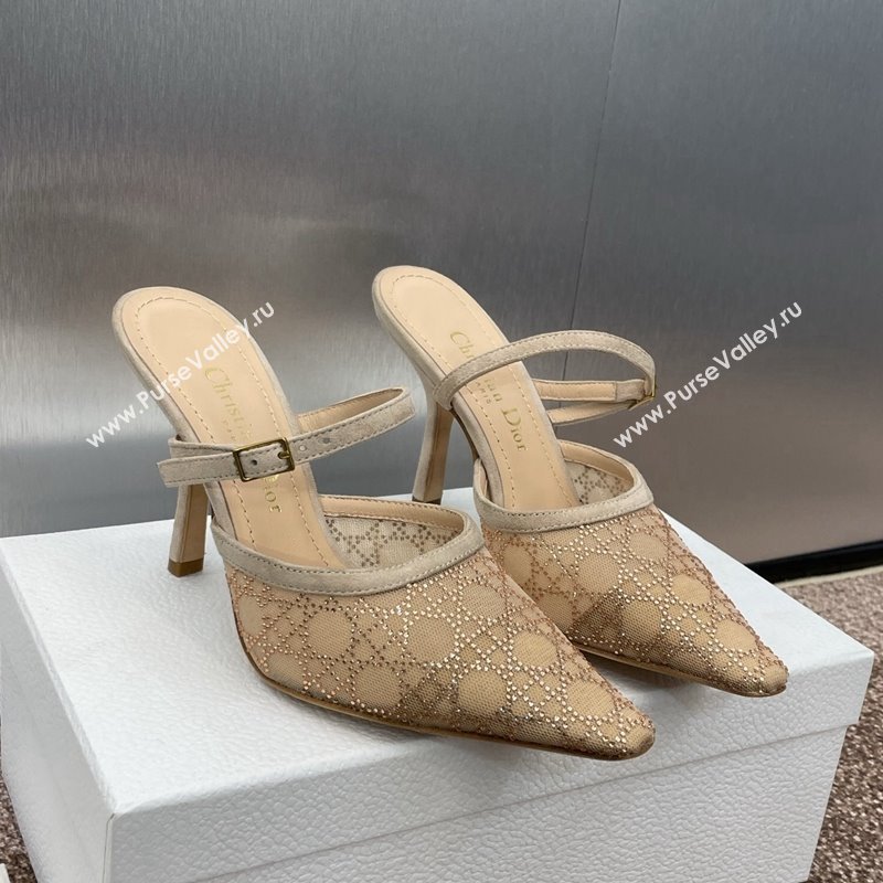 Dior Capture Heeled Mules 9.5cm in Transparent Mesh with Gold-Tone Strass Cannage Motif and Beige Suede 2024 (JC-241231053)