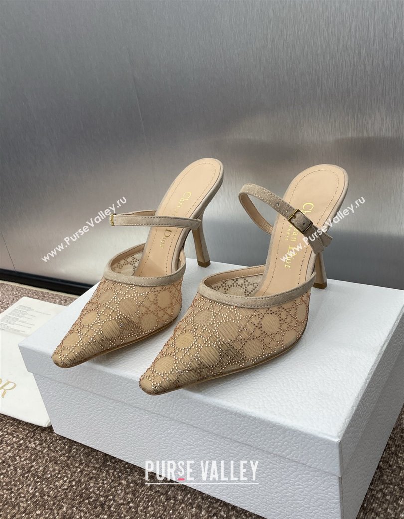 Dior Capture Heeled Mules 9.5cm in Transparent Mesh with Gold-Tone Strass Cannage Motif and Beige Suede 2024 (JC-241231053)