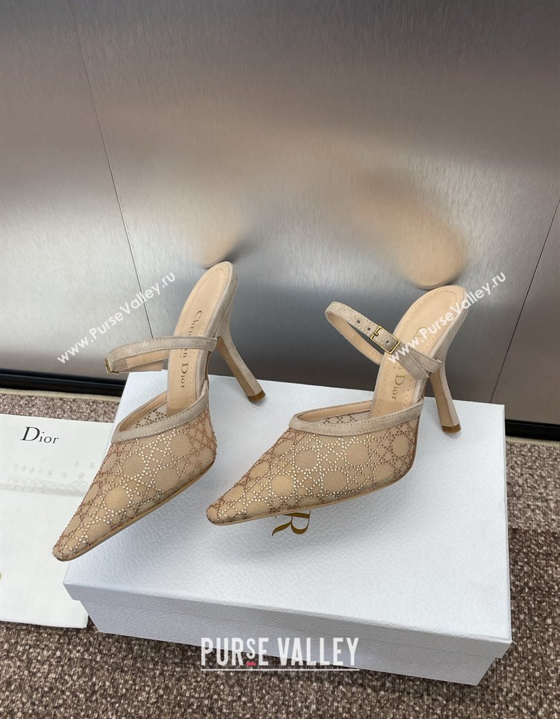 Dior Capture Heeled Mules 9.5cm in Transparent Mesh with Gold-Tone Strass Cannage Motif and Beige Suede 2024 (JC-241231053)