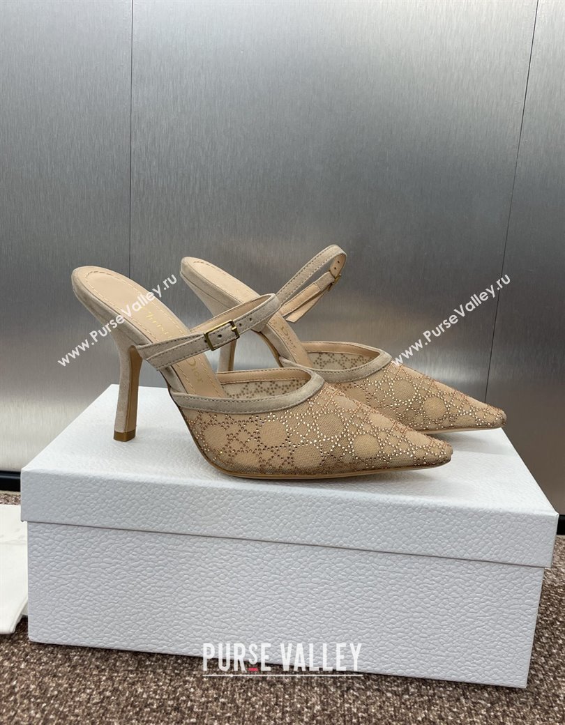 Dior Capture Heeled Mules 9.5cm in Transparent Mesh with Gold-Tone Strass Cannage Motif and Beige Suede 2024 (JC-241231053)