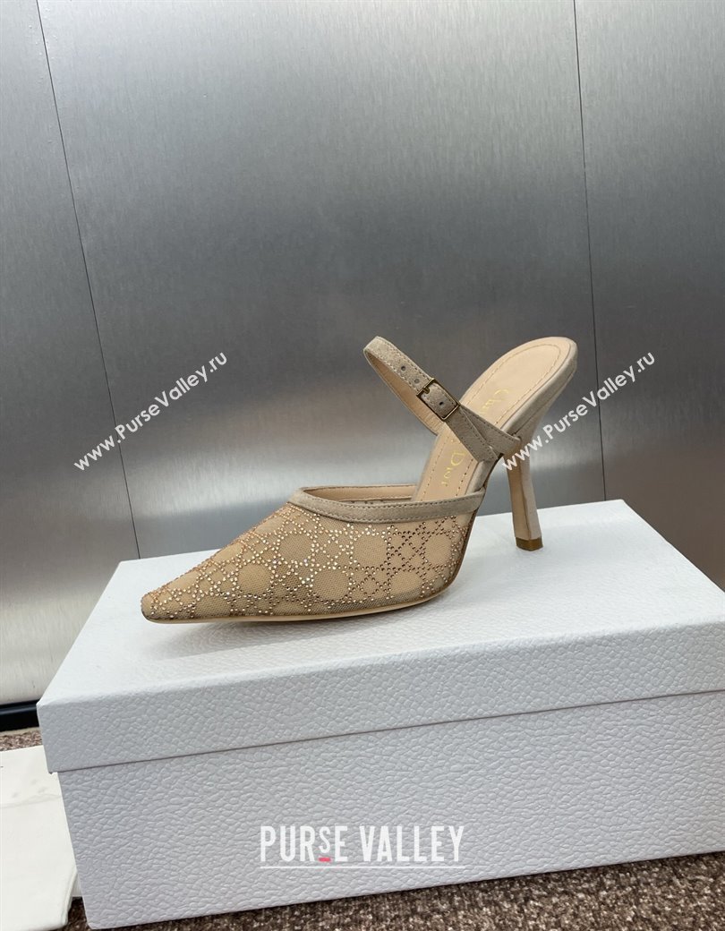 Dior Capture Heeled Mules 9.5cm in Transparent Mesh with Gold-Tone Strass Cannage Motif and Beige Suede 2024 (JC-241231053)