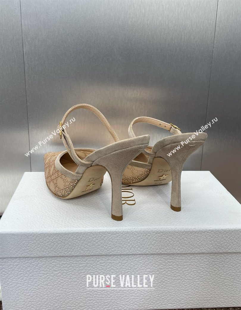 Dior Capture Heeled Mules 9.5cm in Transparent Mesh with Gold-Tone Strass Cannage Motif and Beige Suede 2024 (JC-241231053)