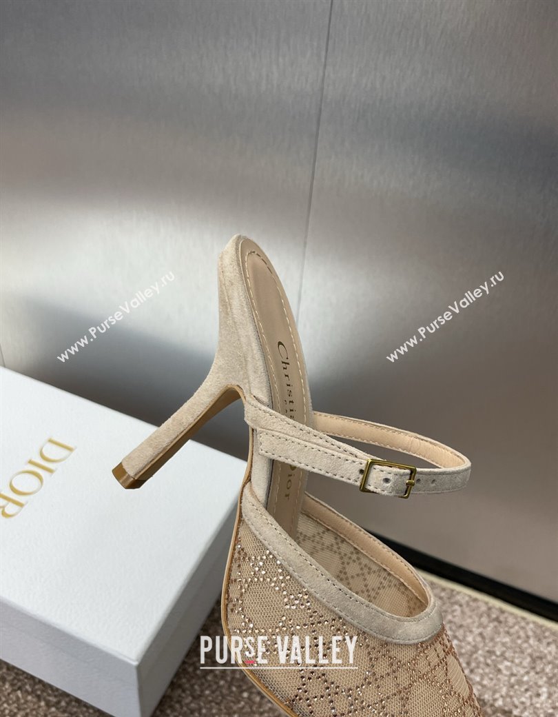 Dior Capture Heeled Mules 9.5cm in Transparent Mesh with Gold-Tone Strass Cannage Motif and Beige Suede 2024 (JC-241231053)