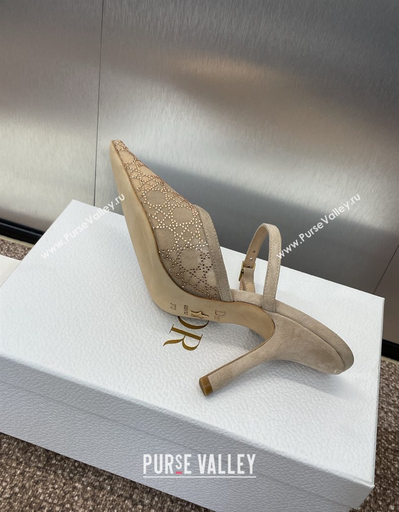 Dior Capture Heeled Mules 9.5cm in Transparent Mesh with Gold-Tone Strass Cannage Motif and Beige Suede 2024 (JC-241231053)