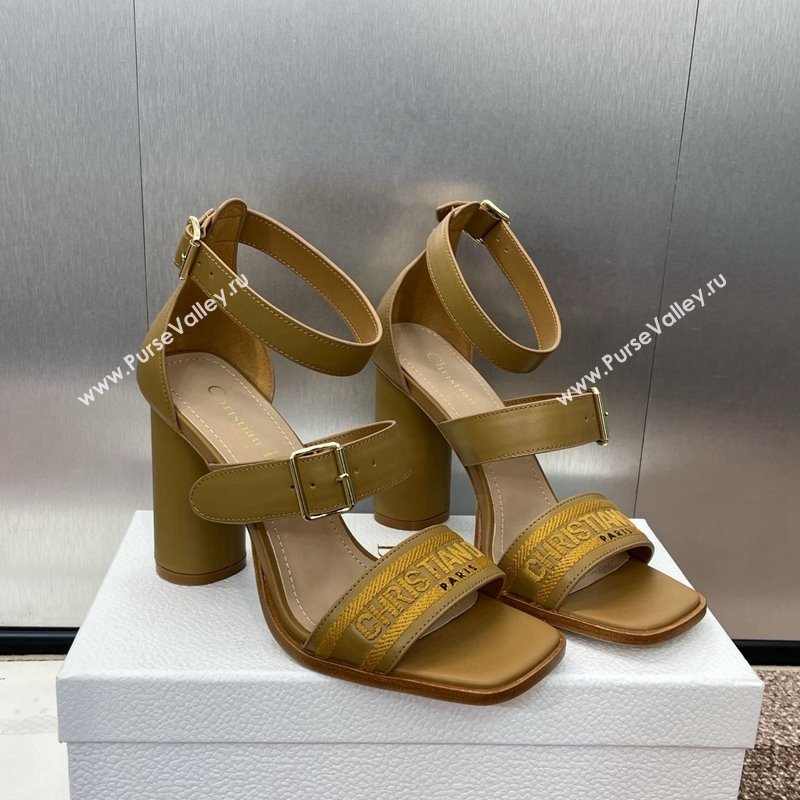 Dior Dway Heeled Sandals 9.5cm in Brown Calfskin and Embroidered Cotton Brown 2024 (JC-241231057)