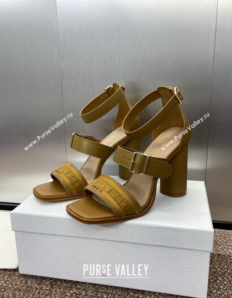 Dior Dway Heeled Sandals 9.5cm in Brown Calfskin and Embroidered Cotton Brown 2024 (JC-241231057)