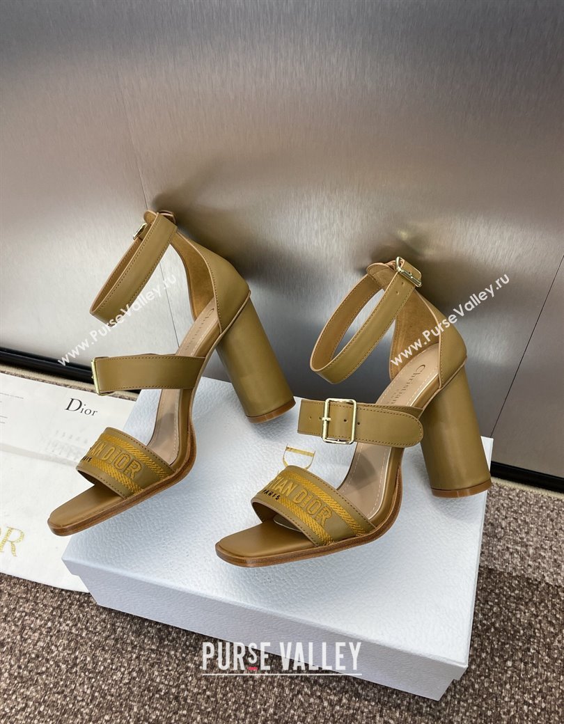 Dior Dway Heeled Sandals 9.5cm in Brown Calfskin and Embroidered Cotton Brown 2024 (JC-241231057)