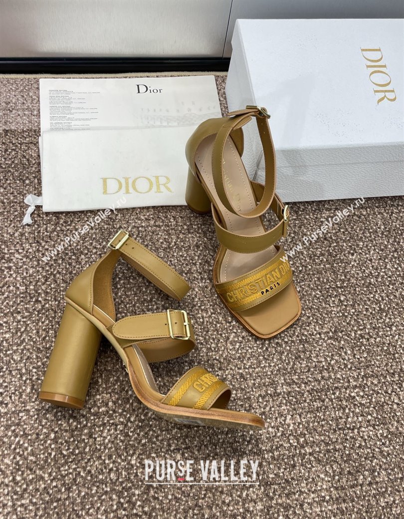 Dior Dway Heeled Sandals 9.5cm in Brown Calfskin and Embroidered Cotton Brown 2024 (JC-241231057)