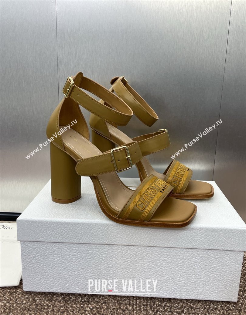 Dior Dway Heeled Sandals 9.5cm in Brown Calfskin and Embroidered Cotton Brown 2024 (JC-241231057)