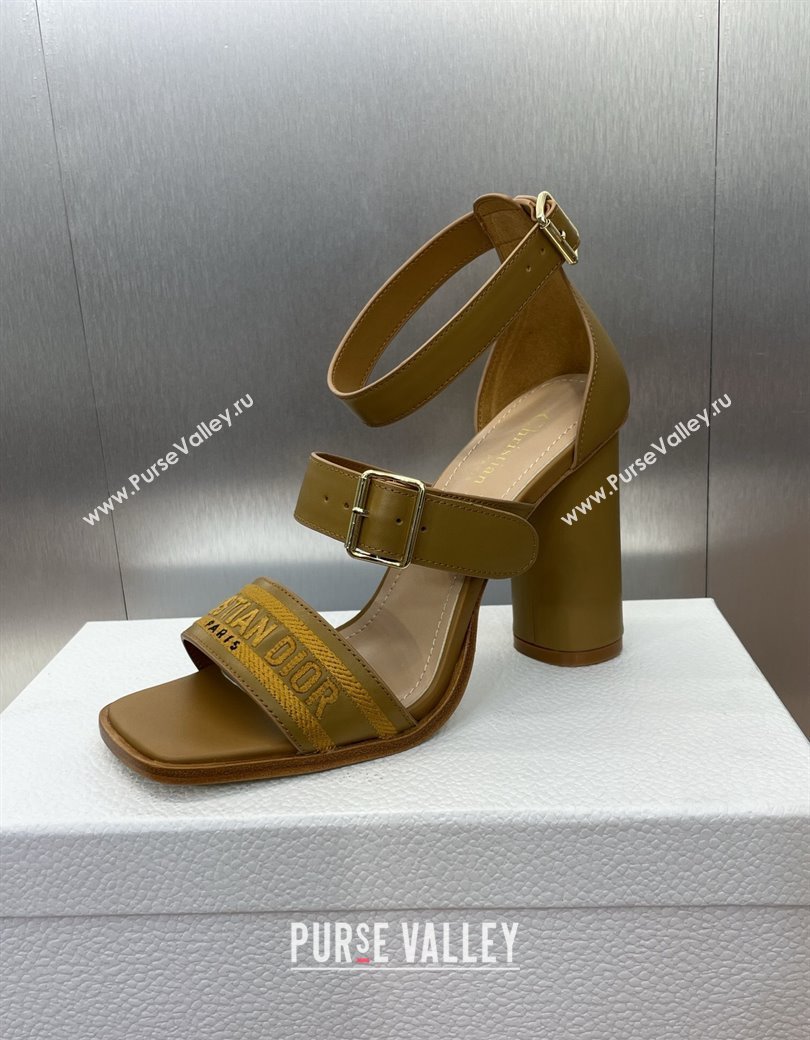 Dior Dway Heeled Sandals 9.5cm in Brown Calfskin and Embroidered Cotton Brown 2024 (JC-241231057)