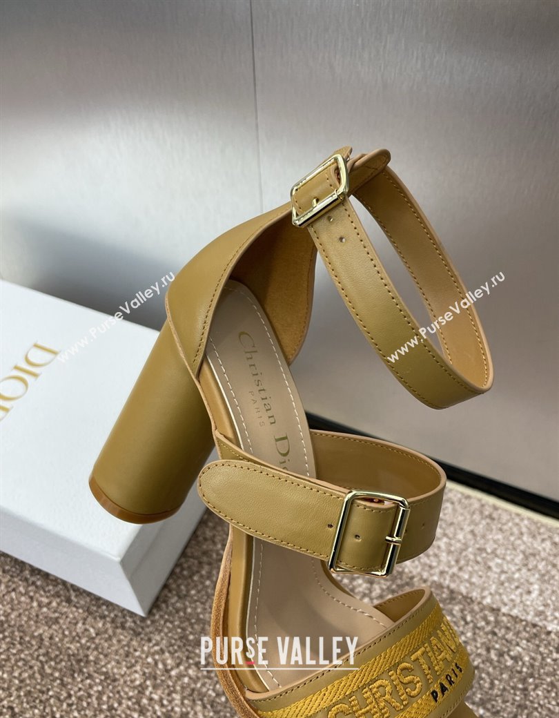 Dior Dway Heeled Sandals 9.5cm in Brown Calfskin and Embroidered Cotton Brown 2024 (JC-241231057)