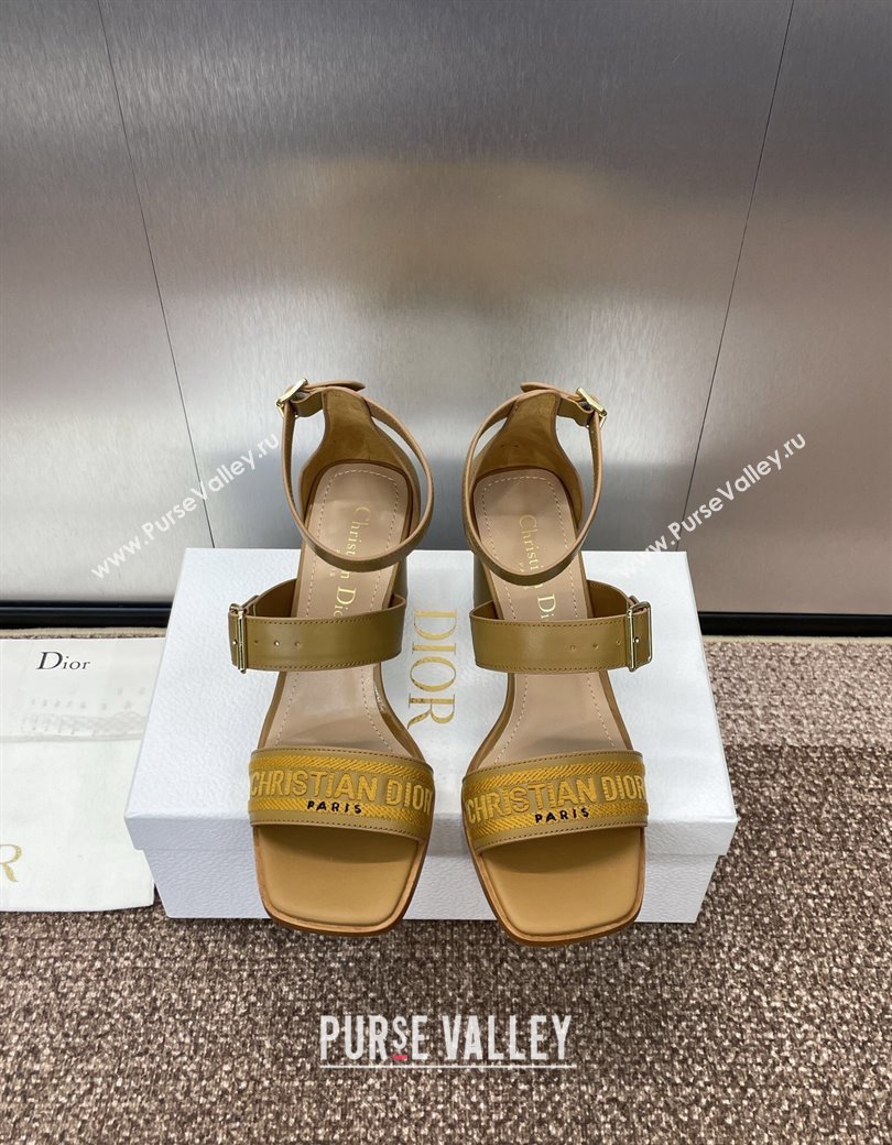 Dior Dway Heeled Sandals 7.5cm in Brown Calfskin and Embroidered Cotton 2024 (JC-241231058)