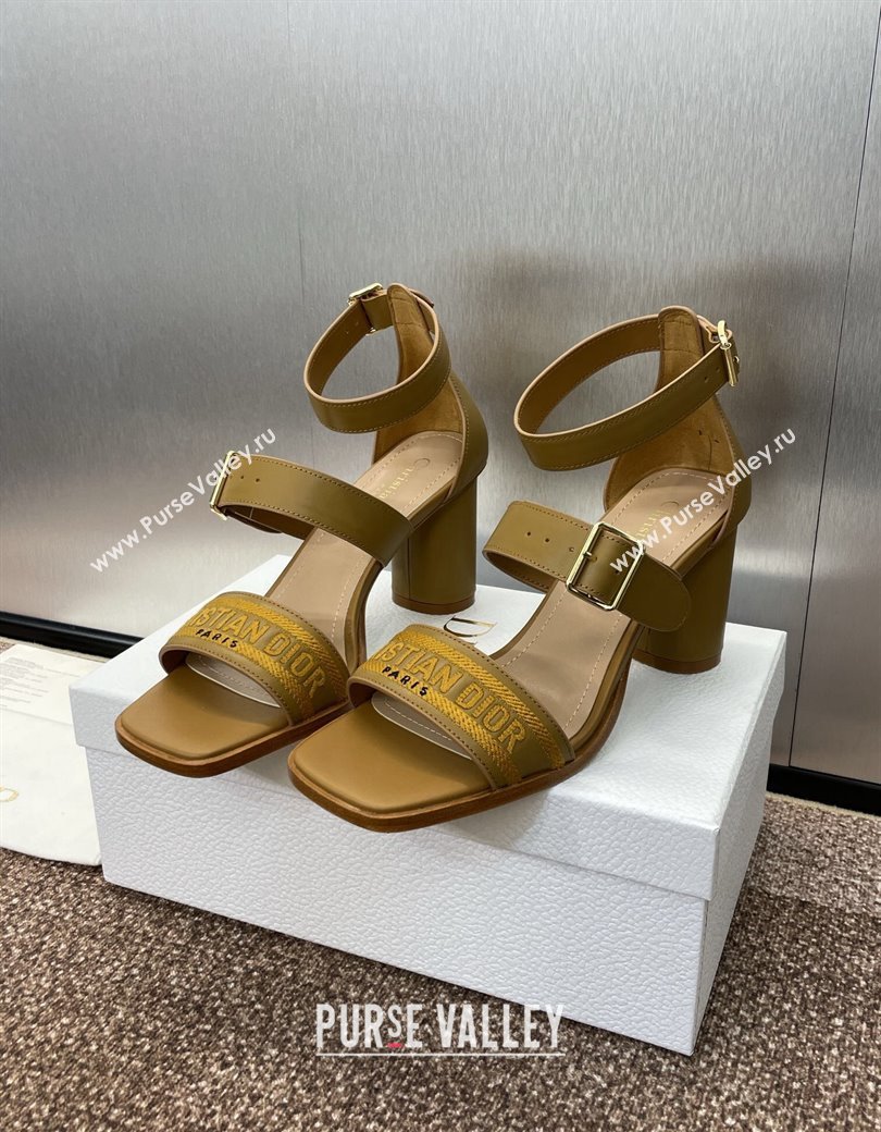 Dior Dway Heeled Sandals 7.5cm in Brown Calfskin and Embroidered Cotton 2024 (JC-241231058)