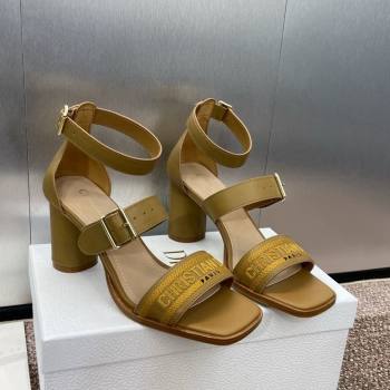 Dior Dway Heeled Sandals 7.5cm in Brown Calfskin and Embroidered Cotton 2024 (JC-241231058)