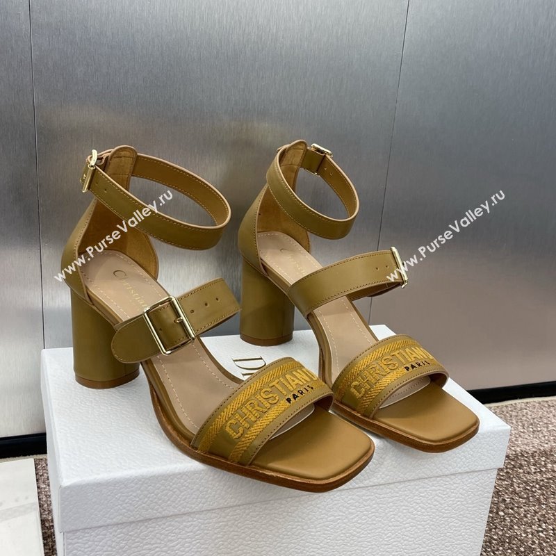 Dior Dway Heeled Sandals 7.5cm in Brown Calfskin and Embroidered Cotton 2024 (JC-241231058)