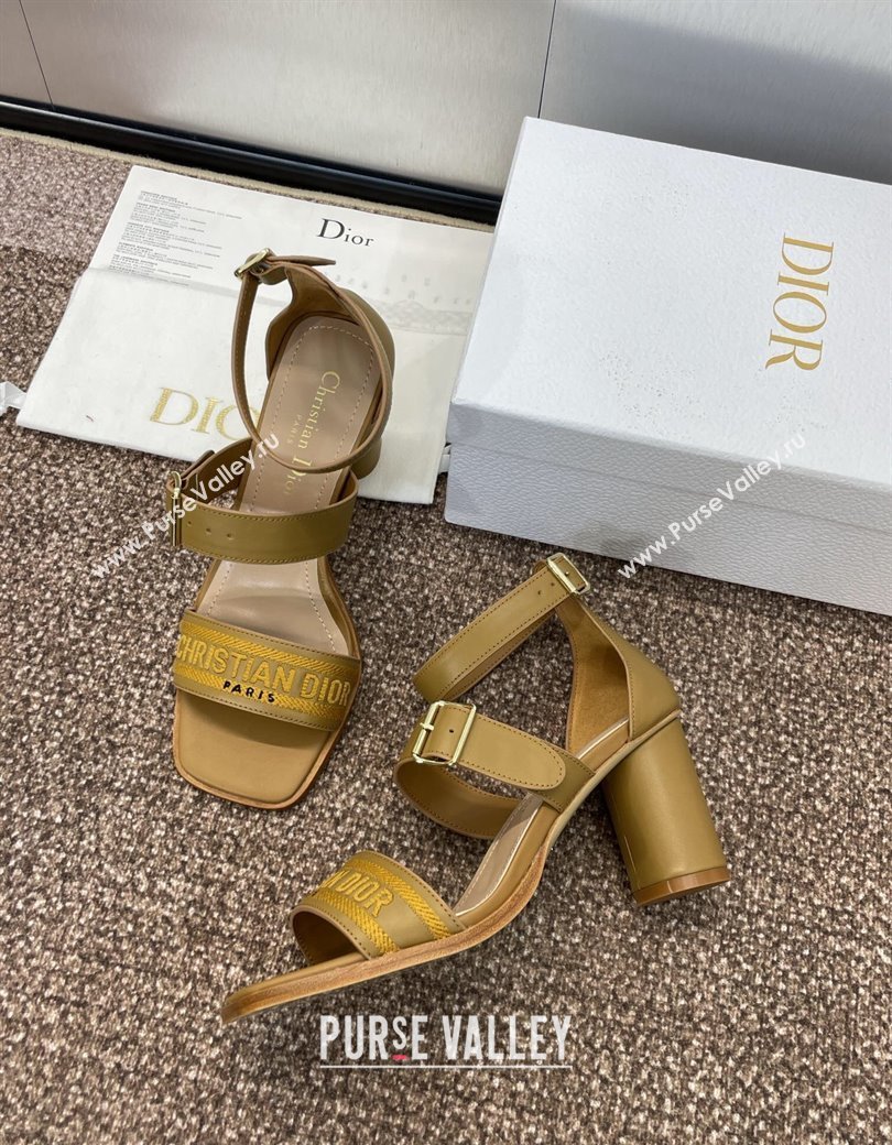 Dior Dway Heeled Sandals 7.5cm in Brown Calfskin and Embroidered Cotton 2024 (JC-241231058)