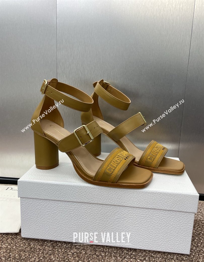 Dior Dway Heeled Sandals 7.5cm in Brown Calfskin and Embroidered Cotton 2024 (JC-241231058)