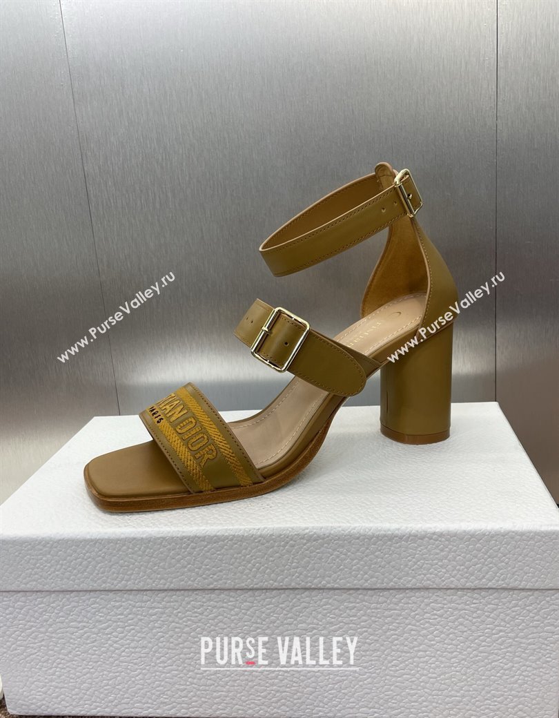 Dior Dway Heeled Sandals 7.5cm in Brown Calfskin and Embroidered Cotton 2024 (JC-241231058)