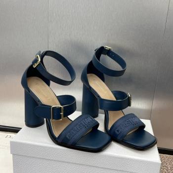 Dior Dway Heeled Sandals 9.5cm in Blue Calfskin and Embroidered Cotton 2024 (JC-241231059)