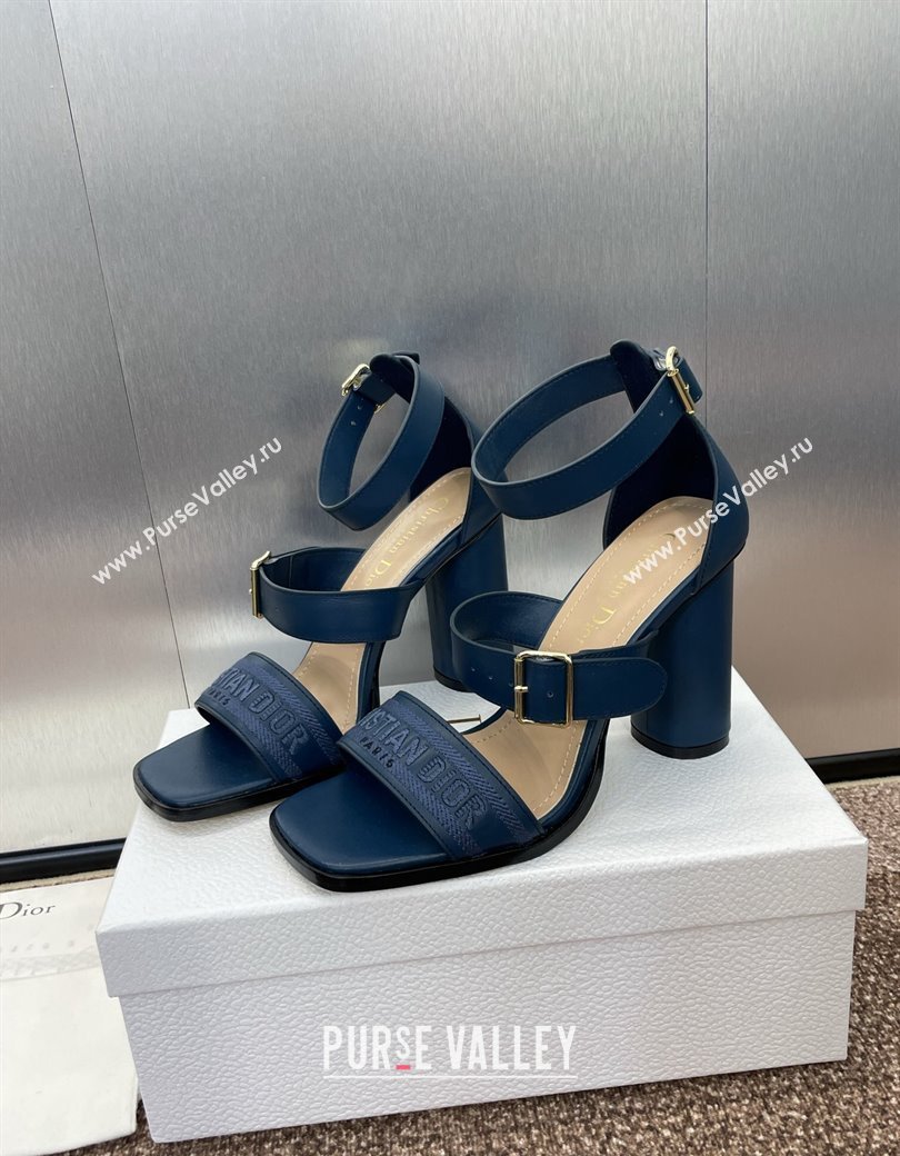 Dior Dway Heeled Sandals 9.5cm in Blue Calfskin and Embroidered Cotton 2024 (JC-241231059)