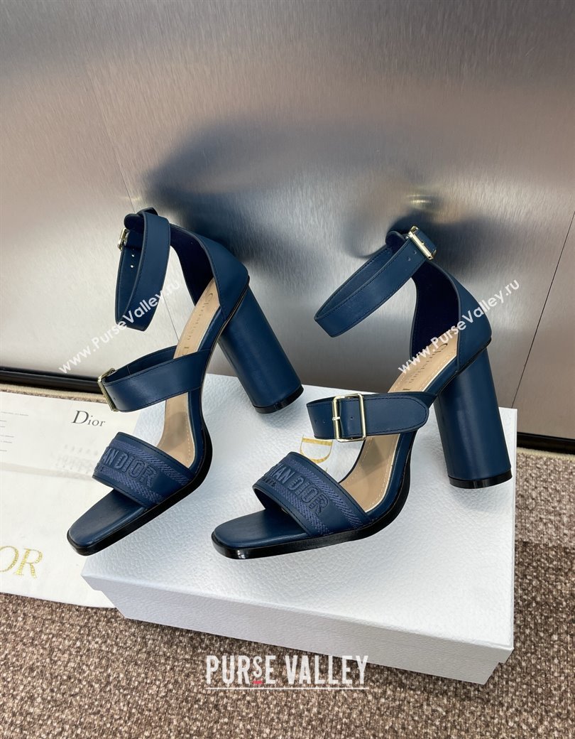 Dior Dway Heeled Sandals 9.5cm in Blue Calfskin and Embroidered Cotton 2024 (JC-241231059)