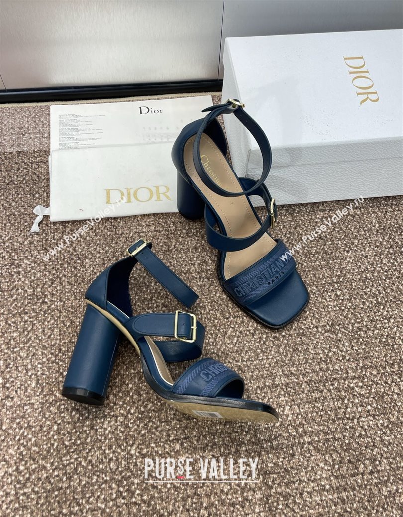 Dior Dway Heeled Sandals 9.5cm in Blue Calfskin and Embroidered Cotton 2024 (JC-241231059)