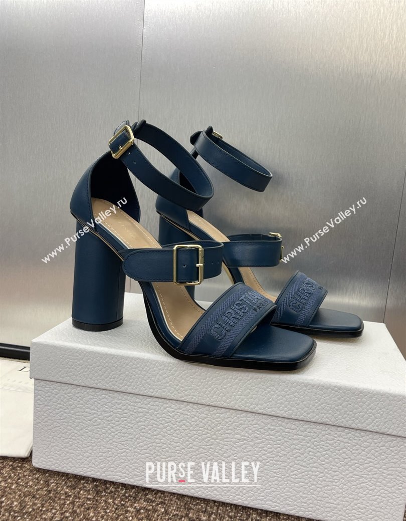 Dior Dway Heeled Sandals 9.5cm in Blue Calfskin and Embroidered Cotton 2024 (JC-241231059)