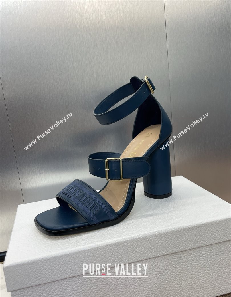 Dior Dway Heeled Sandals 9.5cm in Blue Calfskin and Embroidered Cotton 2024 (JC-241231059)