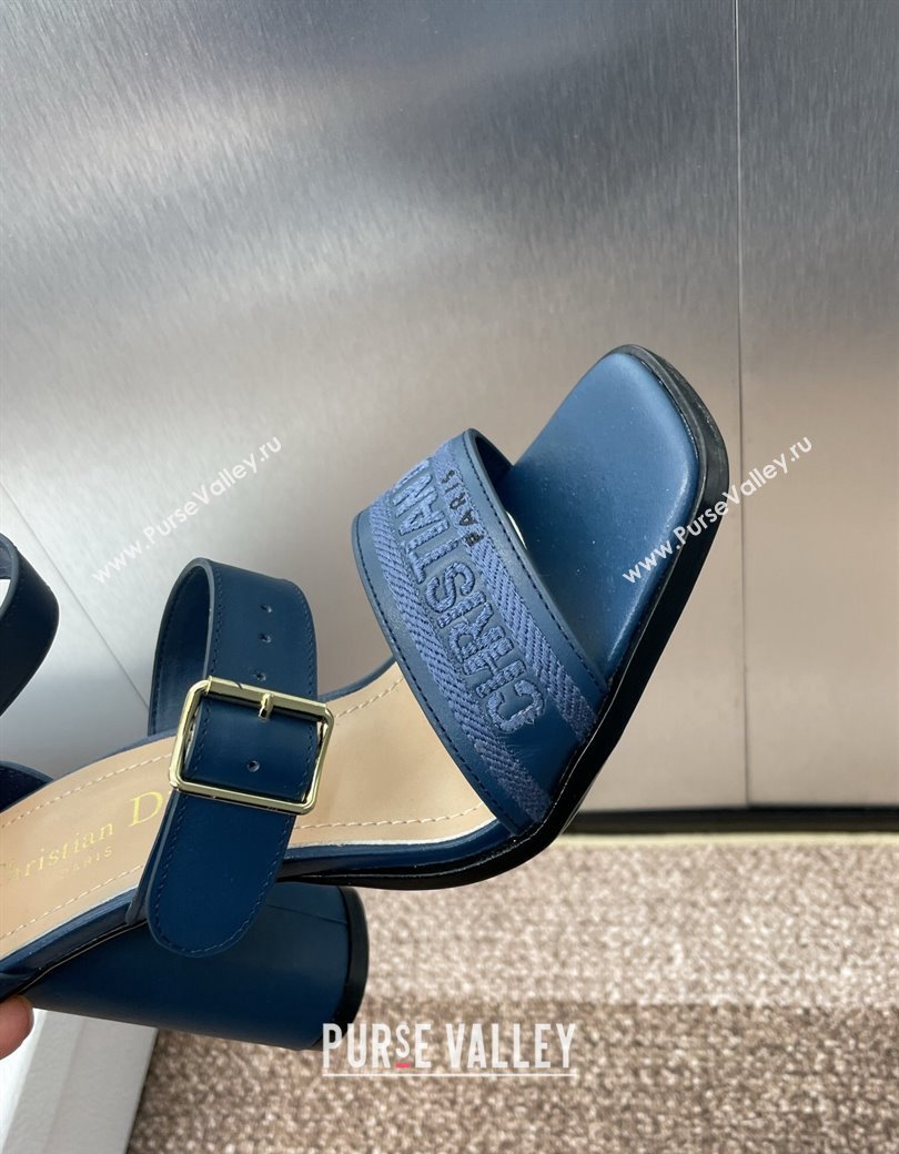 Dior Dway Heeled Sandals 9.5cm in Blue Calfskin and Embroidered Cotton 2024 (JC-241231059)