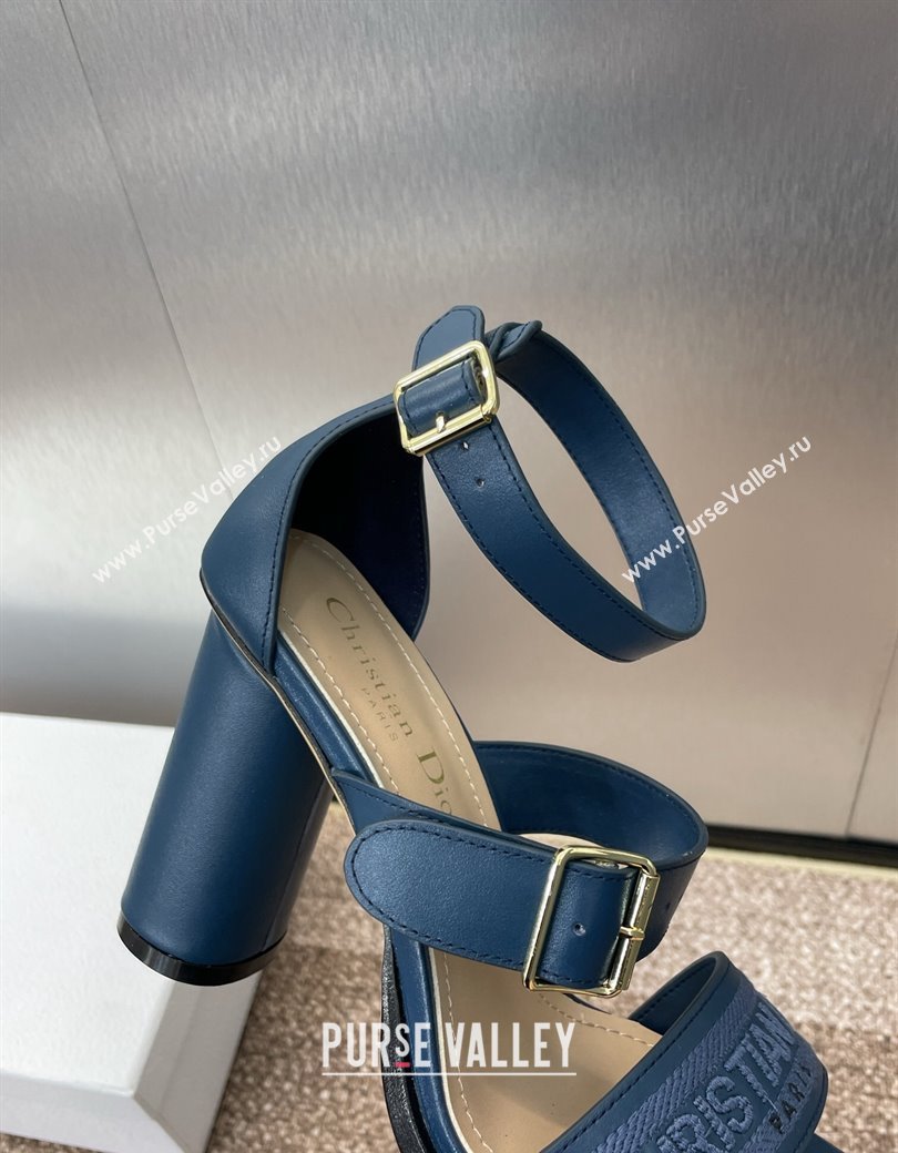 Dior Dway Heeled Sandals 9.5cm in Blue Calfskin and Embroidered Cotton 2024 (JC-241231059)