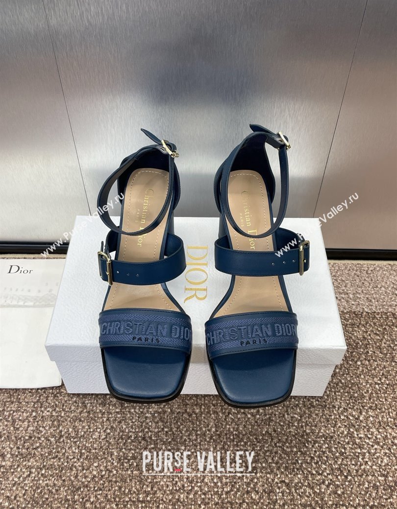 Dior Dway Heeled Sandals 7.5cm in Blue Calfskin and Embroidered Cotton 2024 (JC-241231060)