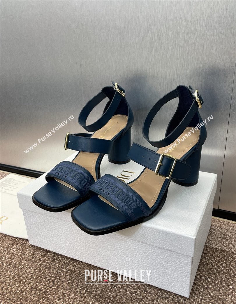 Dior Dway Heeled Sandals 7.5cm in Blue Calfskin and Embroidered Cotton 2024 (JC-241231060)