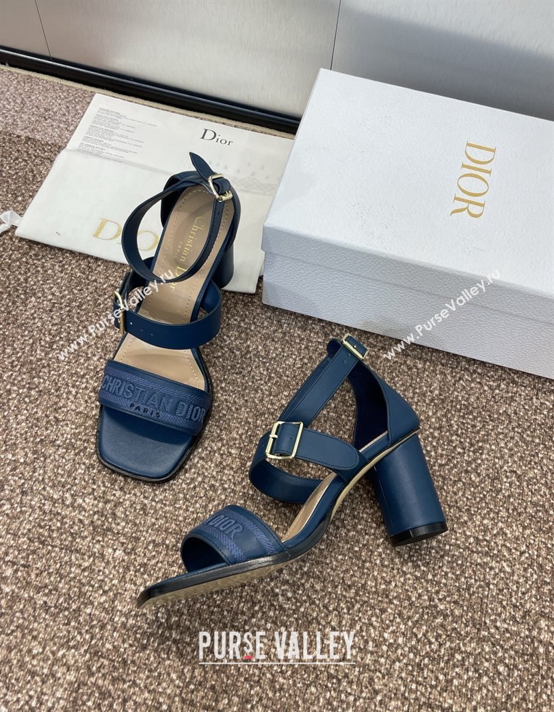 Dior Dway Heeled Sandals 7.5cm in Blue Calfskin and Embroidered Cotton 2024 (JC-241231060)