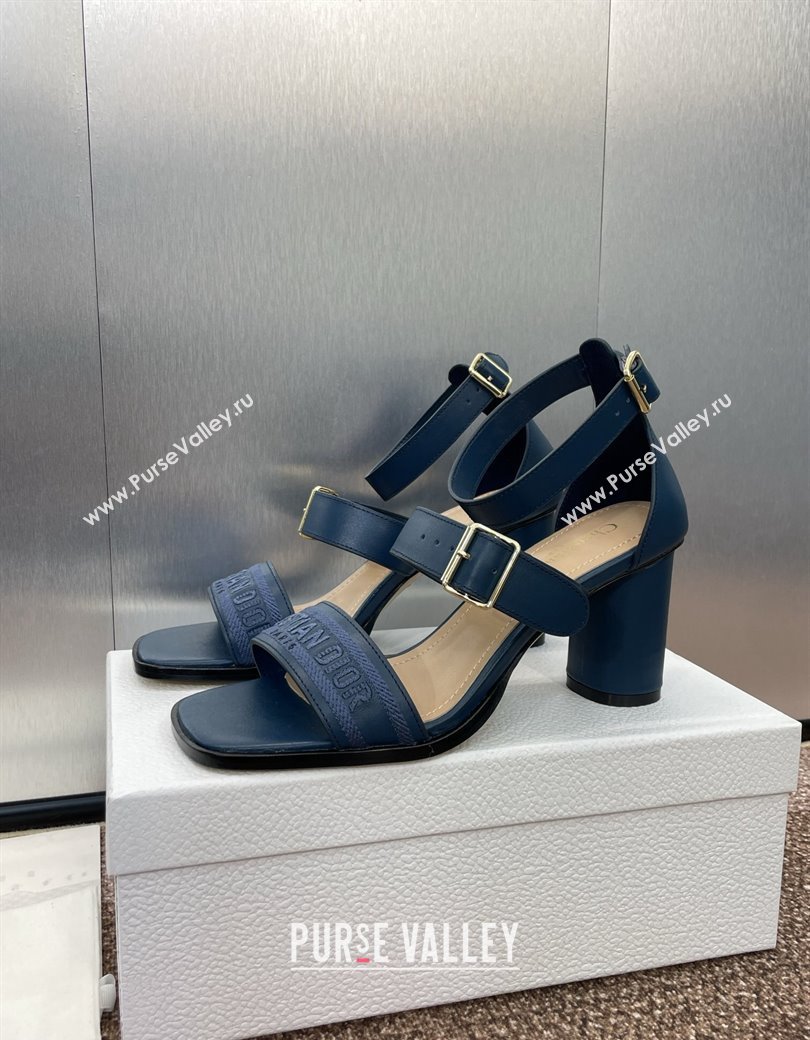 Dior Dway Heeled Sandals 7.5cm in Blue Calfskin and Embroidered Cotton 2024 (JC-241231060)