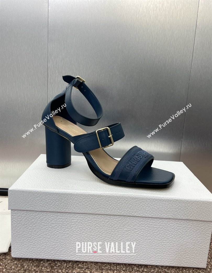 Dior Dway Heeled Sandals 7.5cm in Blue Calfskin and Embroidered Cotton 2024 (JC-241231060)