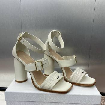 Dior Dway Heeled Sandals 9.5cm in White Calfskin and Embroidered Cotton 2024 (JC-241231061)