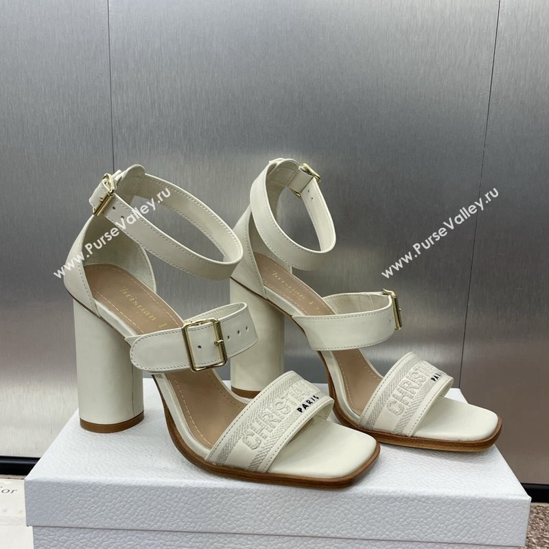Dior Dway Heeled Sandals 9.5cm in White Calfskin and Embroidered Cotton 2024 (JC-241231061)