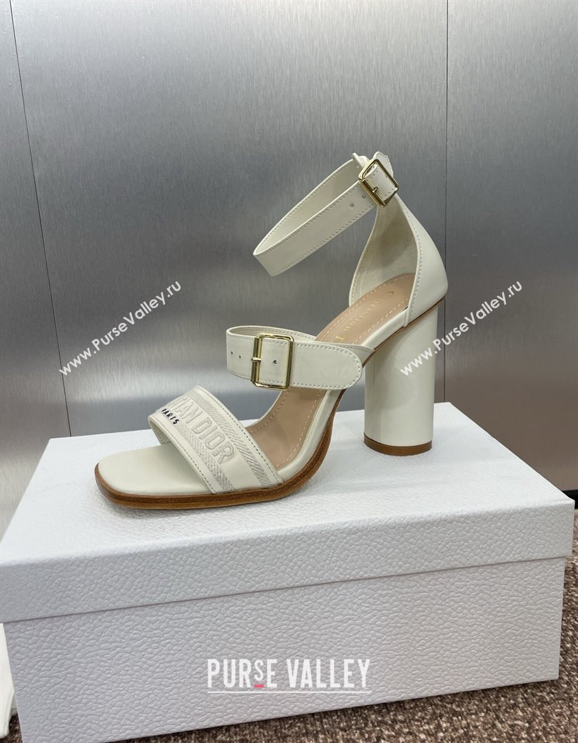 Dior Dway Heeled Sandals 9.5cm in White Calfskin and Embroidered Cotton 2024 (JC-241231061)