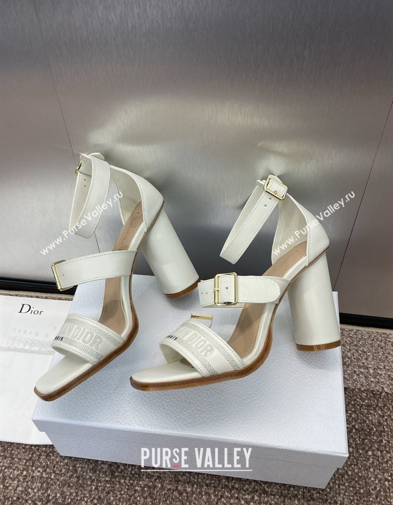 Dior Dway Heeled Sandals 9.5cm in White Calfskin and Embroidered Cotton 2024 (JC-241231061)