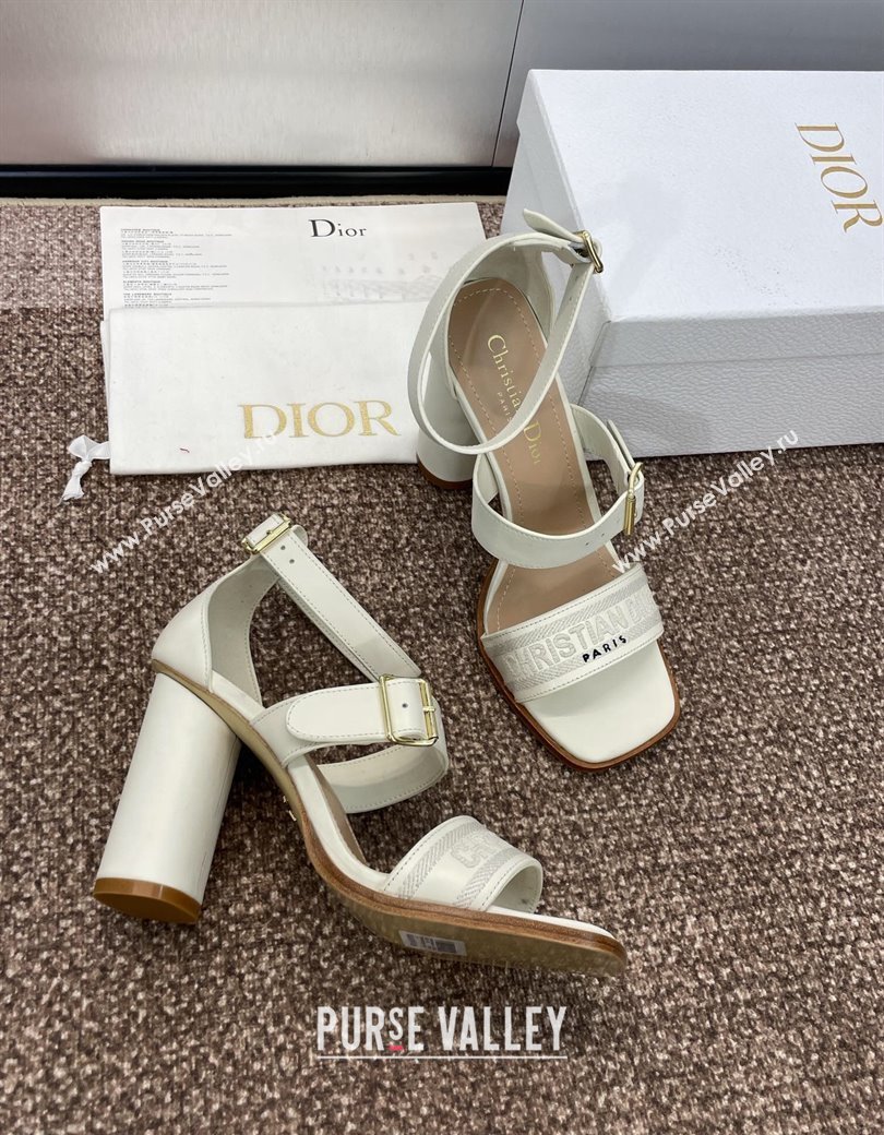 Dior Dway Heeled Sandals 9.5cm in White Calfskin and Embroidered Cotton 2024 (JC-241231061)