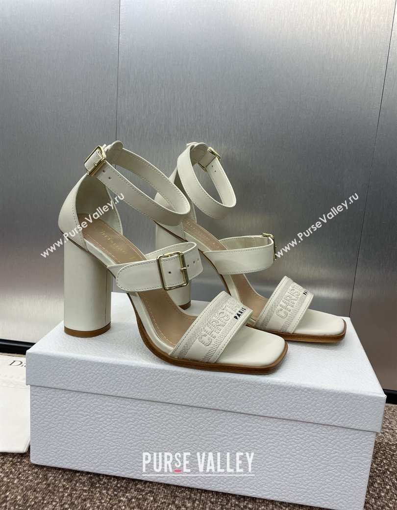 Dior Dway Heeled Sandals 9.5cm in White Calfskin and Embroidered Cotton 2024 (JC-241231061)