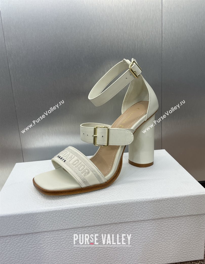 Dior Dway Heeled Sandals 9.5cm in White Calfskin and Embroidered Cotton 2024 (JC-241231061)