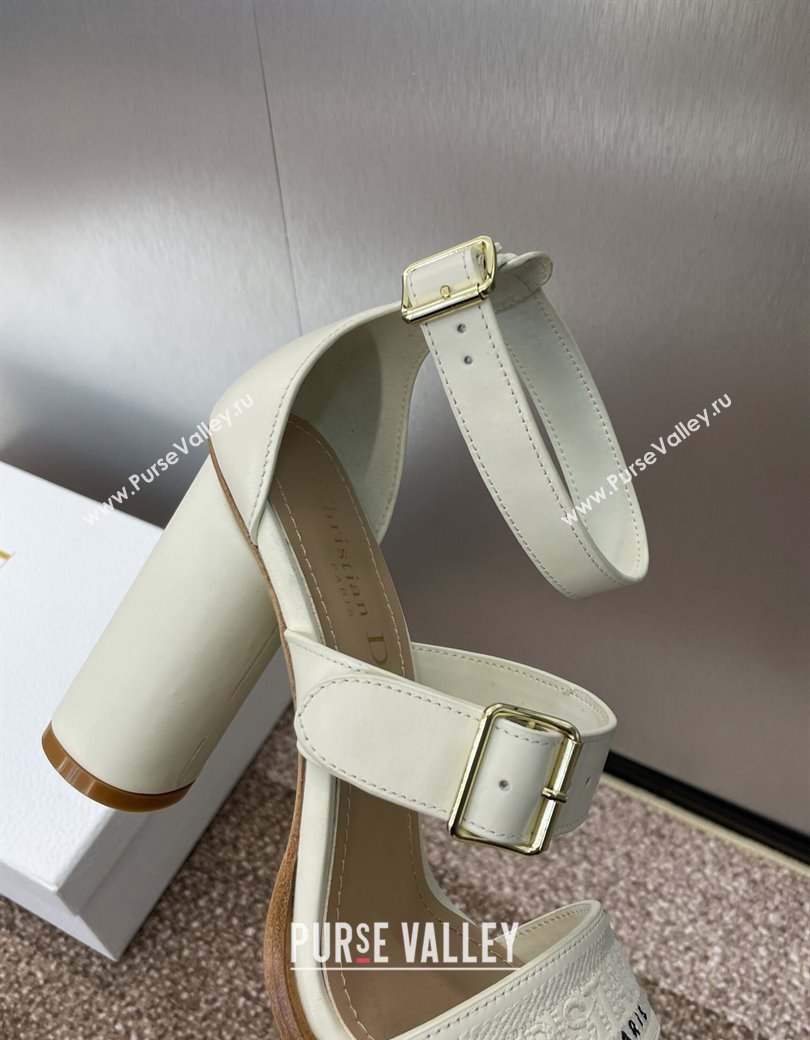 Dior Dway Heeled Sandals 9.5cm in White Calfskin and Embroidered Cotton 2024 (JC-241231061)