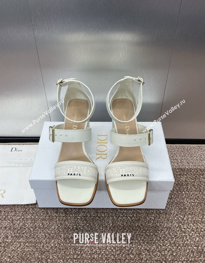 Dior Dway Heeled Sandals 7.5cm in White Calfskin and Embroidered Cotton 2024 (JC-241231062)